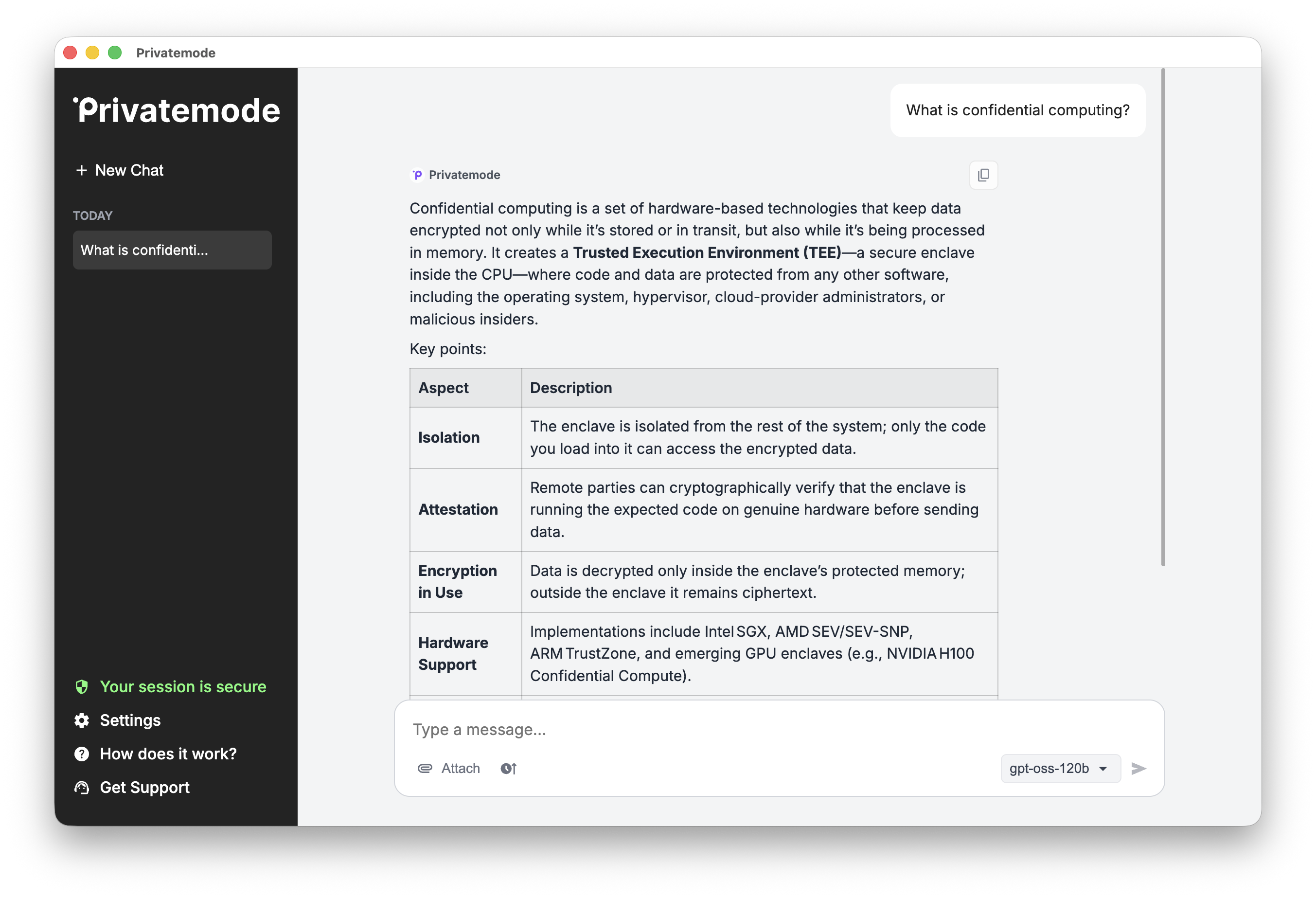 The Privatemode Desktop app interface